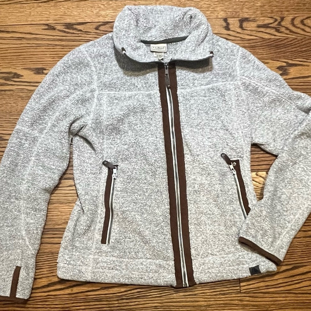 LL Bean Jacket Fleece Hi Pile Gray Sherpa Brown Suede Full Zip Women’s Small
